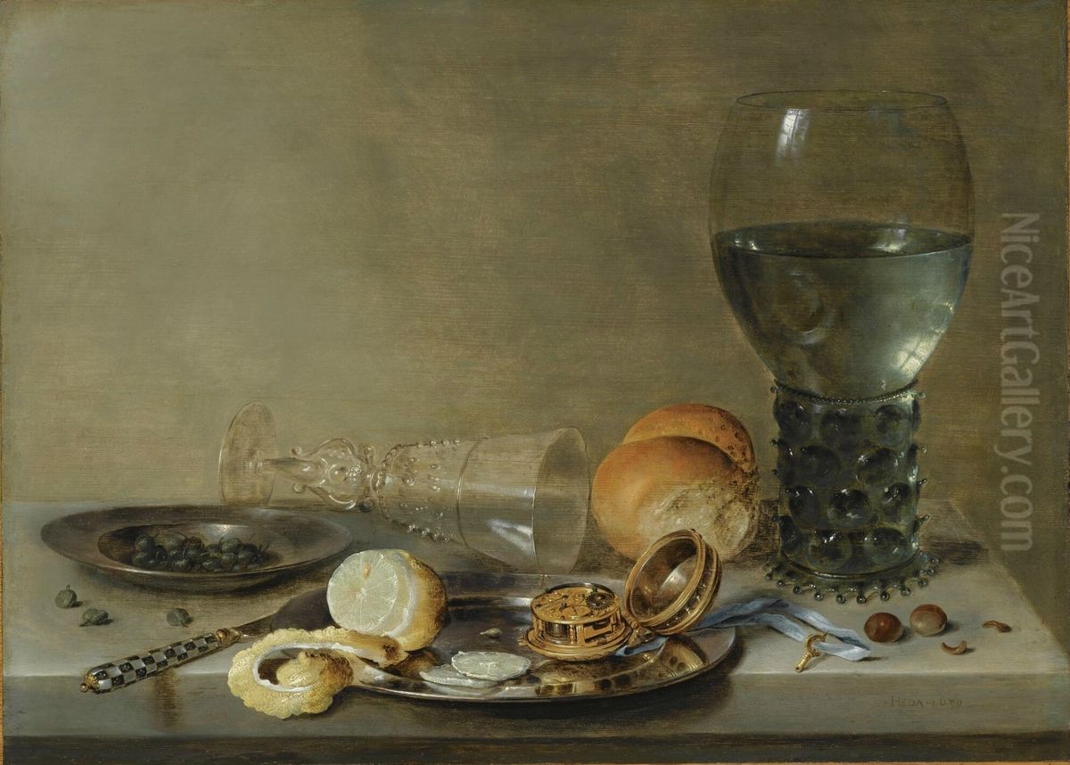 Willem Claesz Heda - Still life of roemer and a facon de Venise glass, lemon, watch and capers on pewter plates, together with knife, bread and hazelnuts Oil Painting by Willem Claesz. Heda