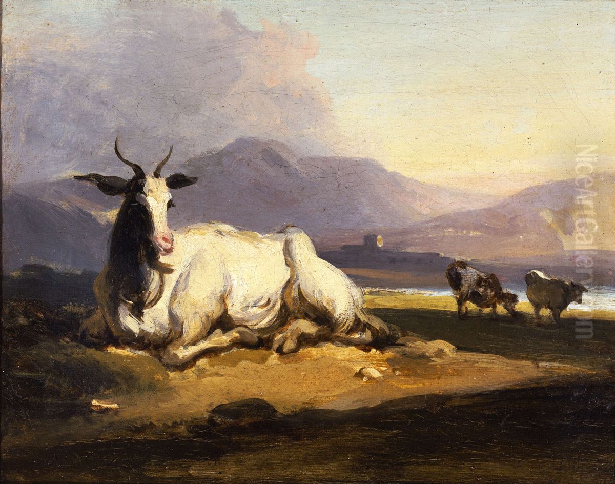 A goat sitting in a mountainous river landscape with cattle beyond Oil Painting by George Chinnery