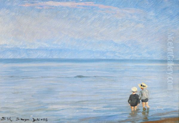 The blue hour. Two children paddling at Skagen Beach. Oil Painting by Peder Severin Kroyer