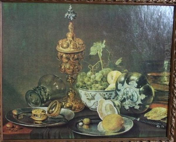 Stilleven van akeleibeker, tazza, porseleinen kom met vruchten en roemers op tafel Oil Painting by Jan Van Buken