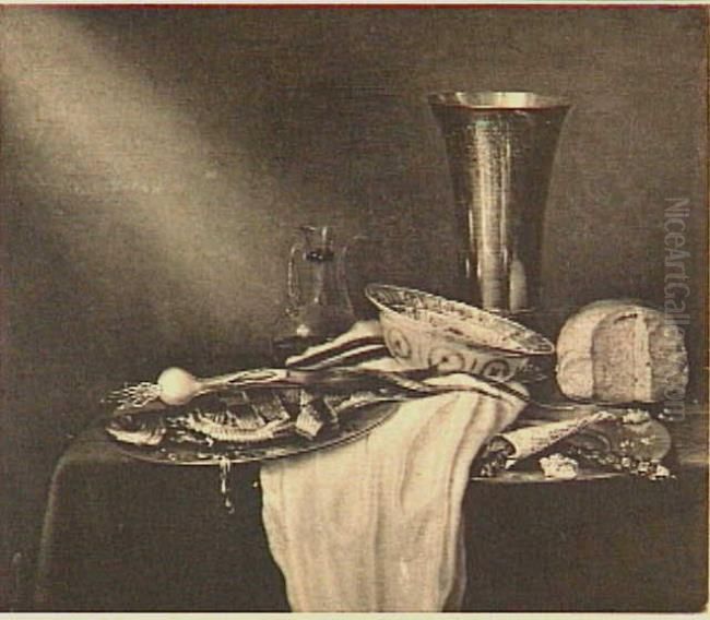 Still life with herring and onions Oil Painting by Maerten Boelema De Stomme