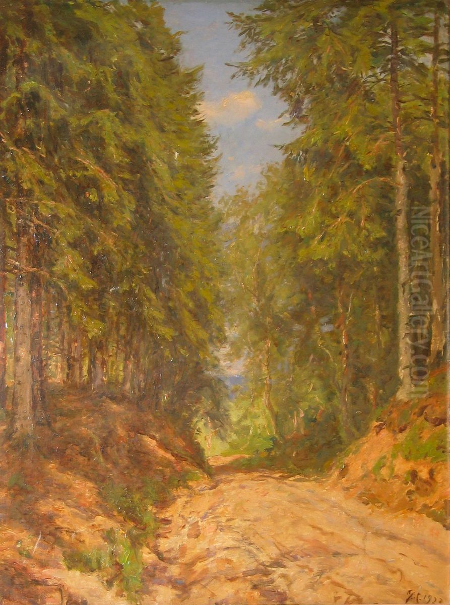 A path in a pinewood. Oil Painting by Godfred B.W. Christensen