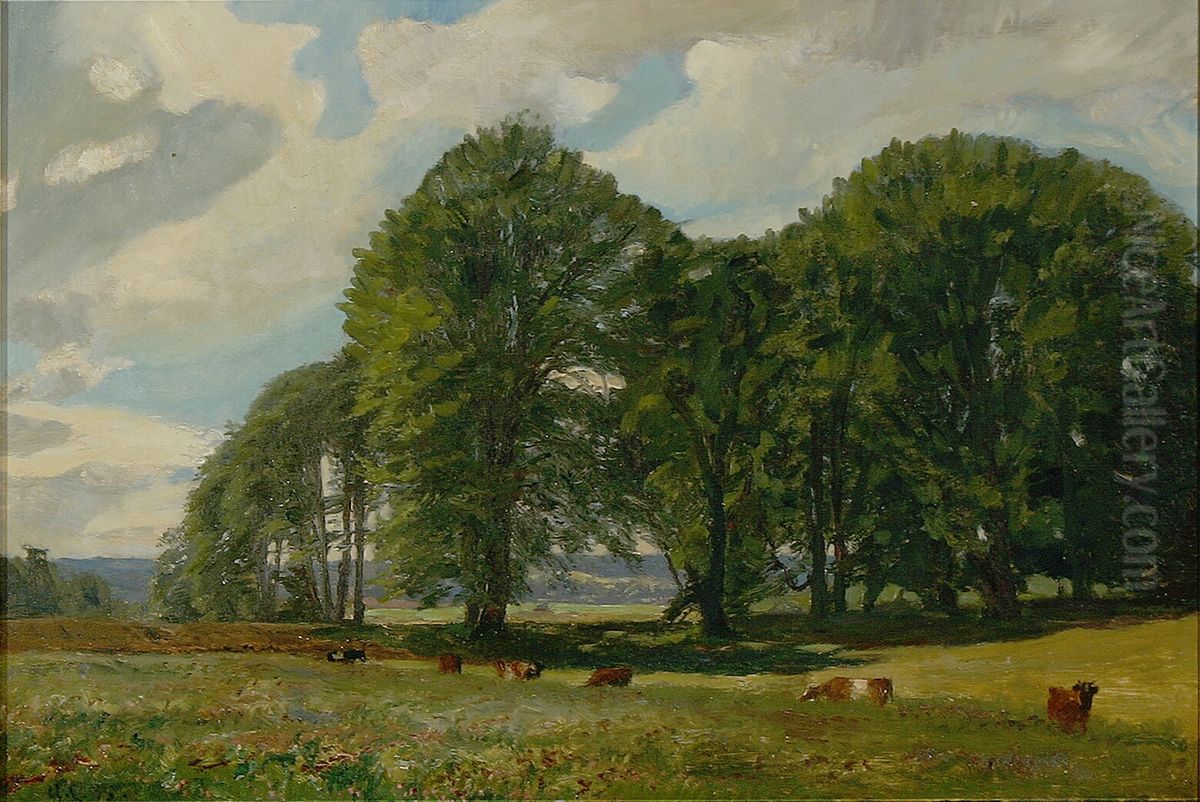 A landscape with cows and tall trees. Oil Painting by Godfred B.W. Christensen