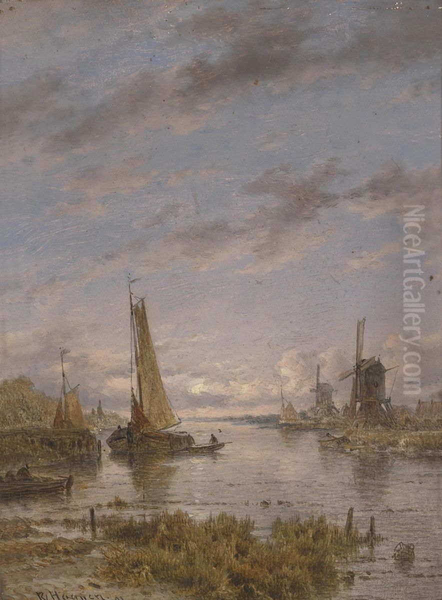 Dutch canal with sailing boats Oil Painting by Remigius Adrianus Haanen