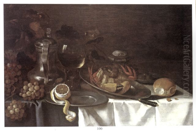 Still life with Jug, fruit, and crab on a draped table Oil Painting by T. Hooghen Manert