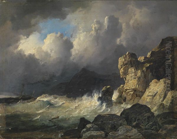 Stormy coastline Oil Painting by Remigius Adrianus Haanen