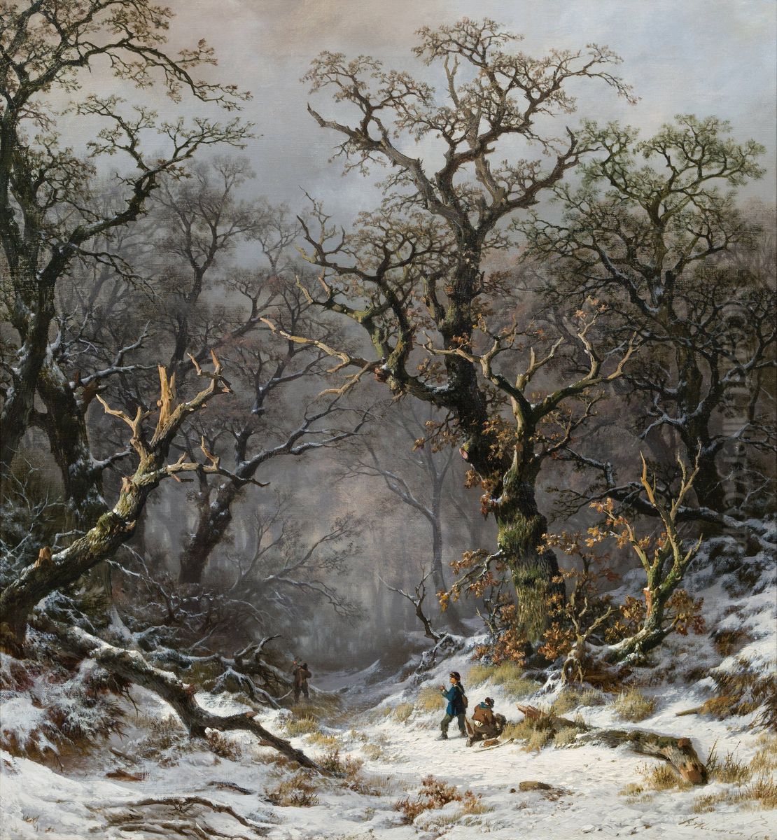 Hunters in the forest in winter Oil Painting by Remigius Adrianus Haanen