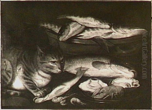 Visstilleven met kat Oil Painting by Clara Peeters