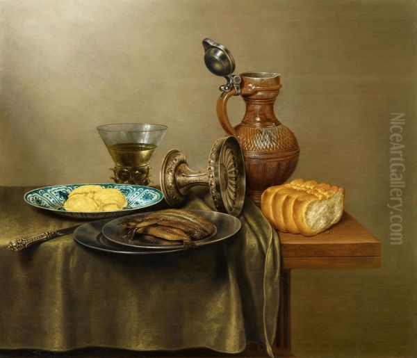 Still life of smoked herring, bread, berkemeyer, tazza, and stoneware jug, 1646 Oil Painting by Gerret Willemsz Heda
