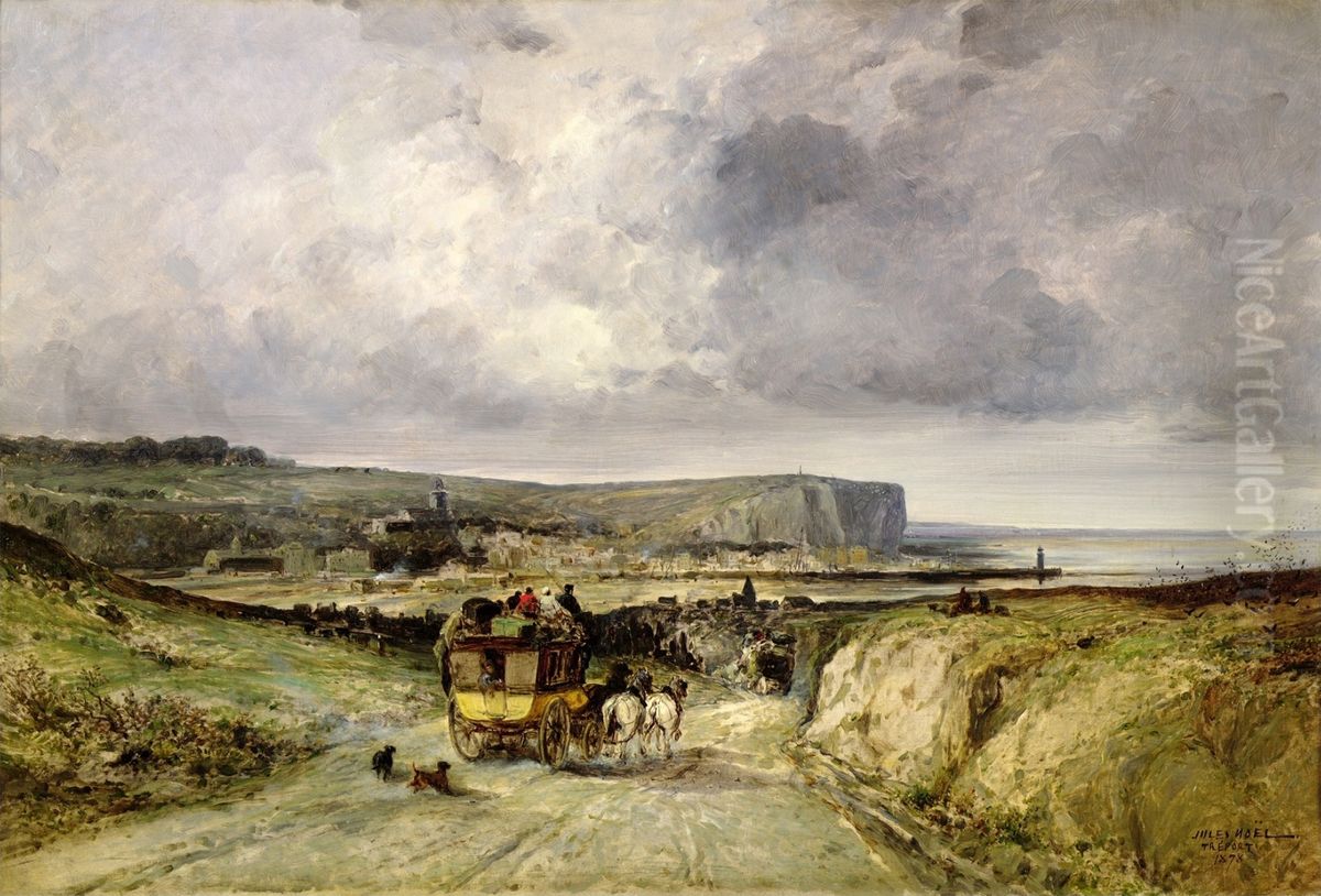 Arrival of a Stagecoach at Treport Oil Painting by Jules Achille Noel