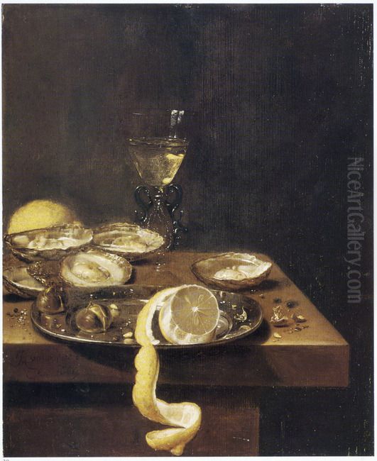 Still life of peeled lemon with chestnuts on a pewter dish, with oysters, wine glass and another lemon, on a table Oil Painting by Jan Jansz van de Velde