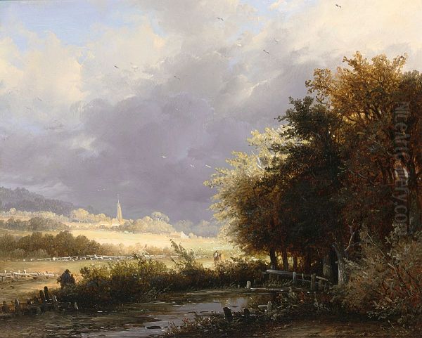 Figures on a country road, a storm approaching Oil Painting by Remigius Adrianus Haanen