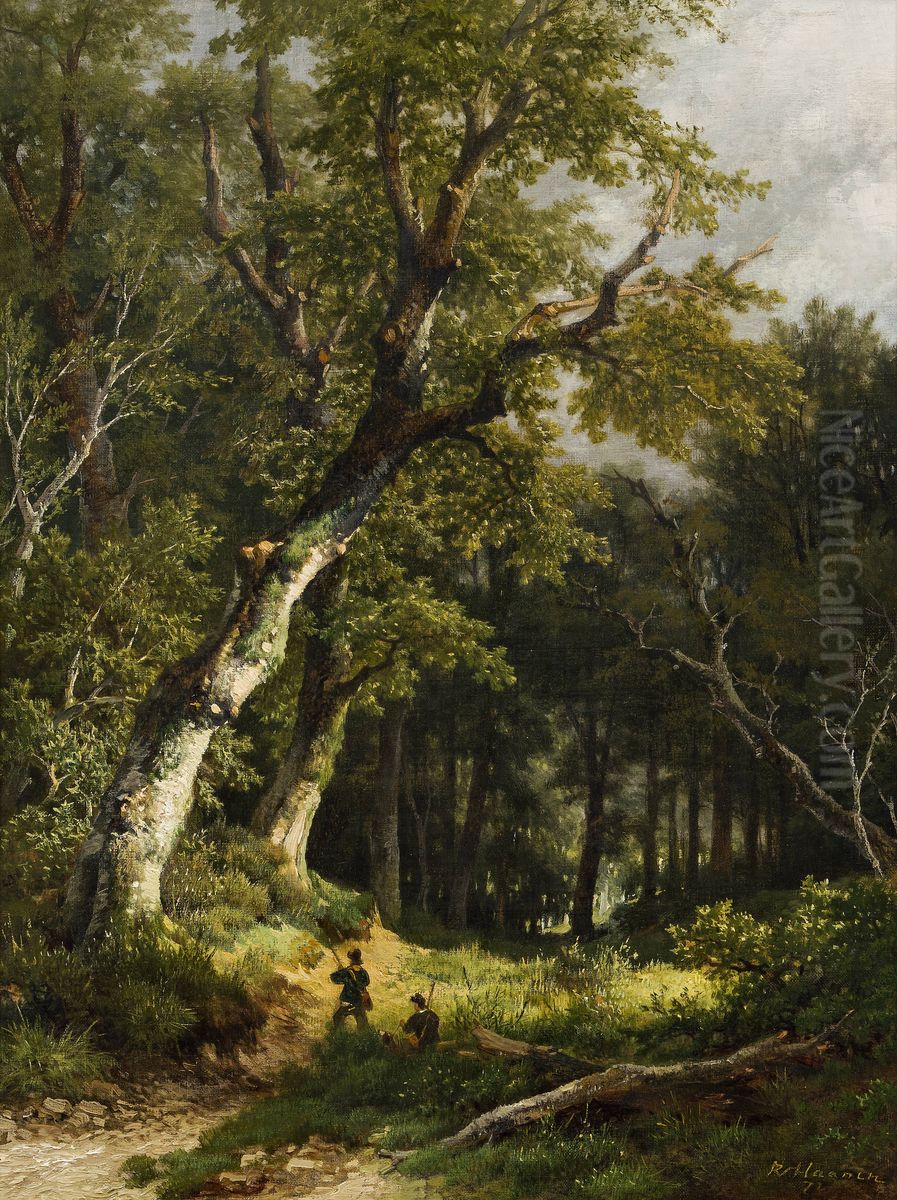 Wooded landscape with two hunters Oil Painting by Remigius Adrianus Haanen