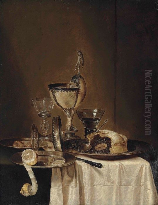 Still life of blackberry pie, pewter platter, roemer, tazza, lemon, olives and a nautilus cup Oil Painting by Willem Claesz. Heda