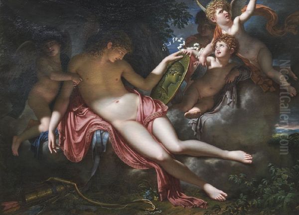 L'Amour adolescent pleurant sur le portrait de Psyche qu'il a perdue Oil Painting by Charles Meynier