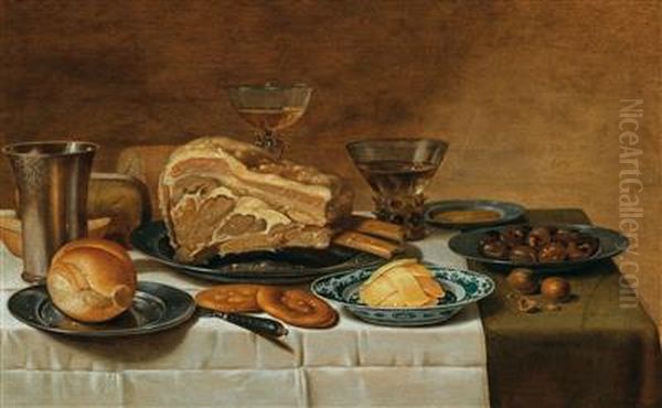 Still life with cut of meat, butter, chestnuts, glassware and bread on a table Oil Painting by Floris van Schooten