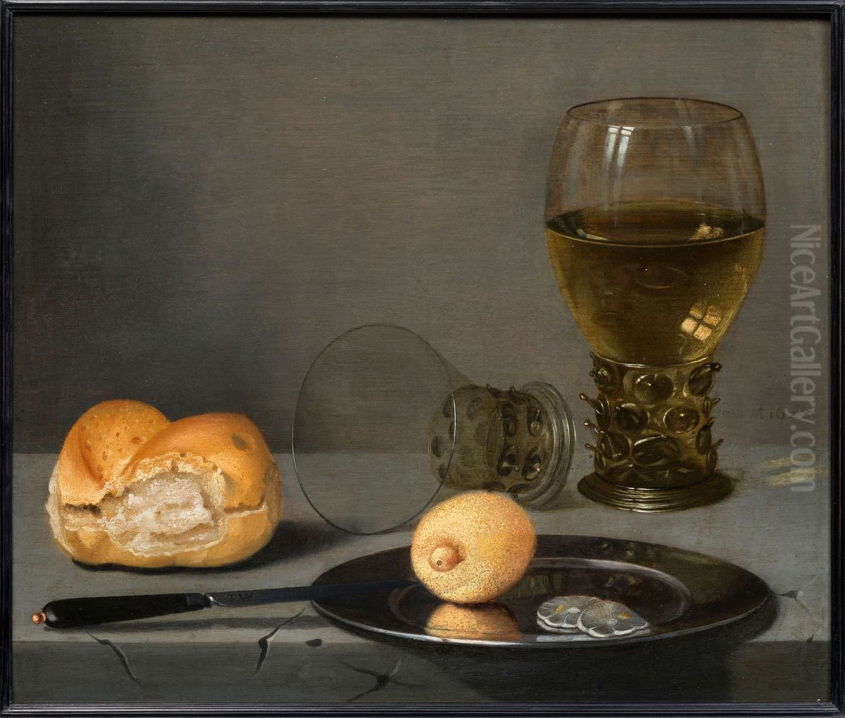 A Still Life of a Roemer, plate, lemon and bread on a table Oil Painting by Koetser Gallery