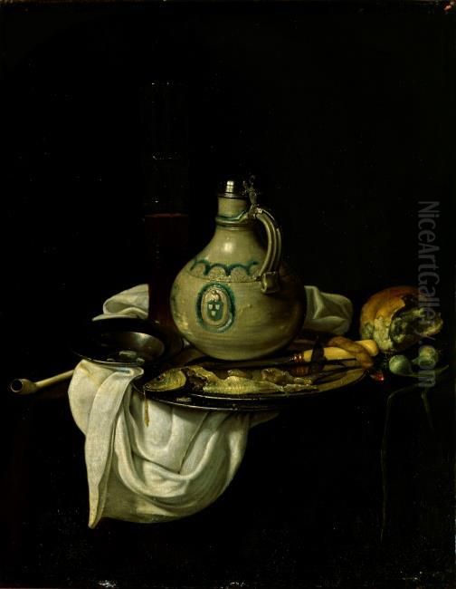 Still life with jug and herring Oil Painting by Jan Jansz Den Uyl