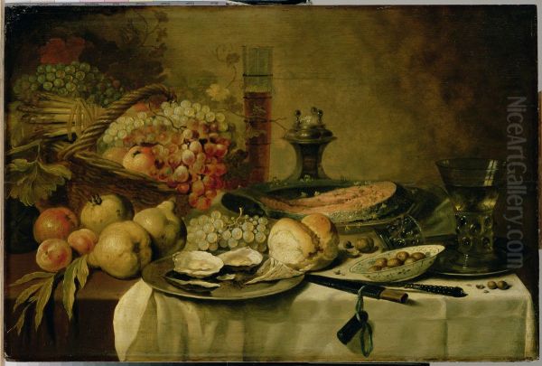 Still life with berkemeyers, salmon, fruit and oysters on a laid table Oil Painting by Pieter Claesz