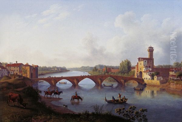 The Ponte a Mare in Pisa Oil Painting by Jacob Philipp Hackert