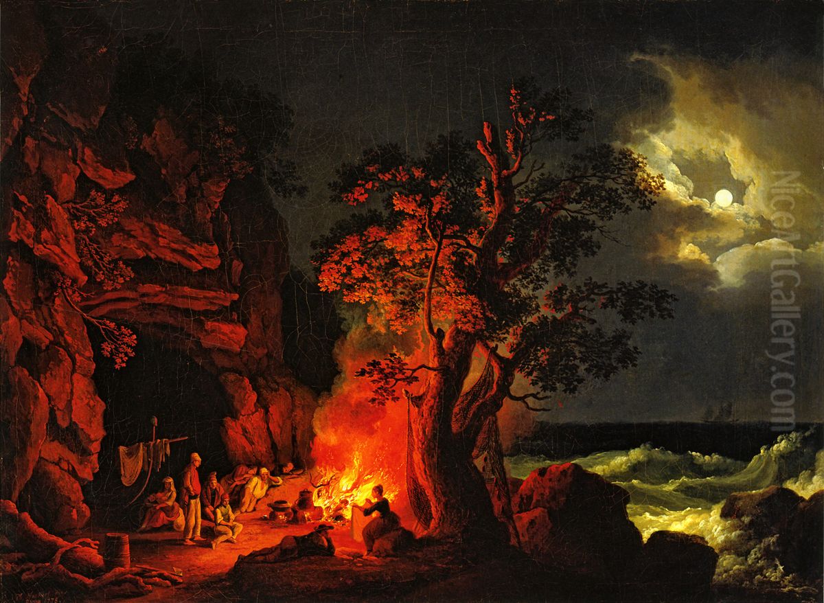 Fisher Family at Nighttime Campfire with Turbulent Sea Oil Painting by Jacob Philipp Hackert