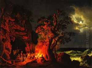 Fisher Family at Nighttime Campfire with Turbulent Sea