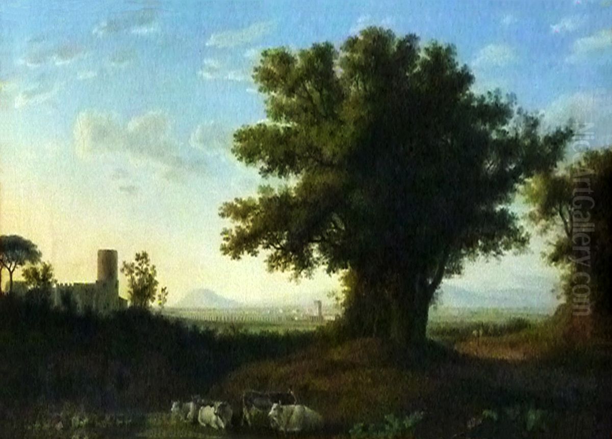 Heimkehrende Langhornrinder in der Romischen Campagna. Abendstimmung Oil Painting by Jacob Philipp Hackert Heimkehrende Langhornrinder in der Romischen Campagna. Abendstimmung Oil Painting by Jacob Philipp Hackert
