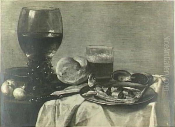 Still life with a herring, bread, onions and glasses Oil Painting by Pieter Claesz