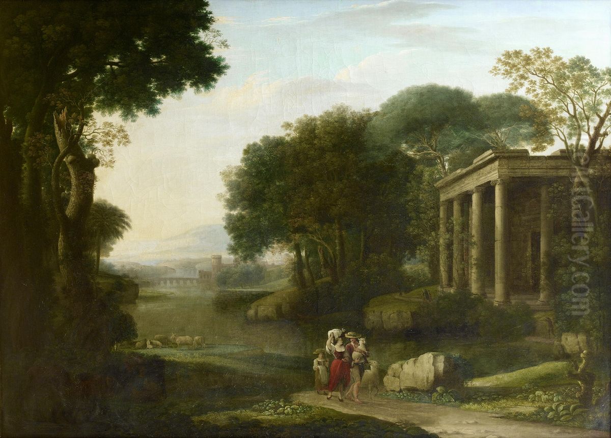 A shepherd and shepherdesses in an Italianate landscape, with ruins and a walled city in the distance Oil Painting by Jacob Philipp Hackert