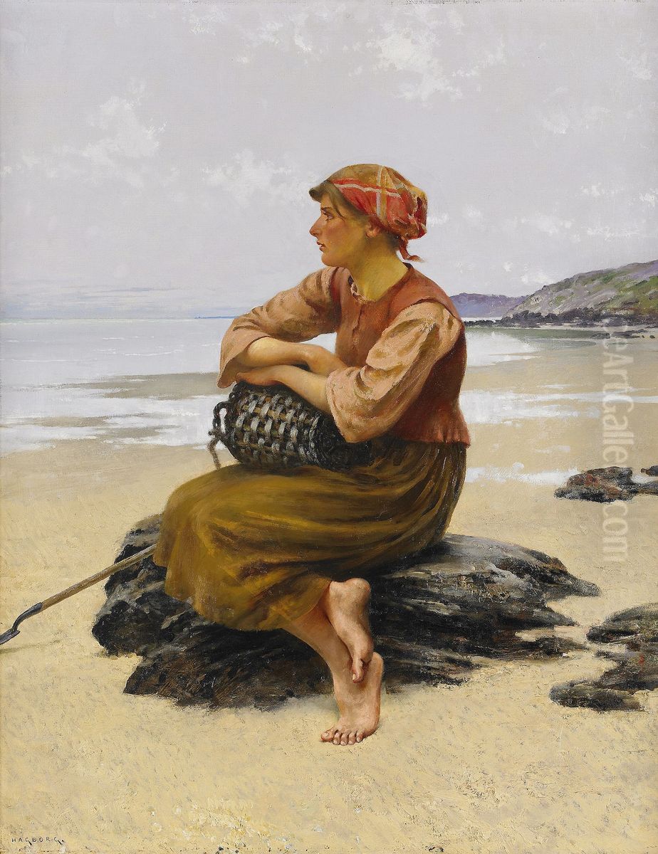 Sittande ostronplockerska pa stranden Oil Painting by August Hagborg