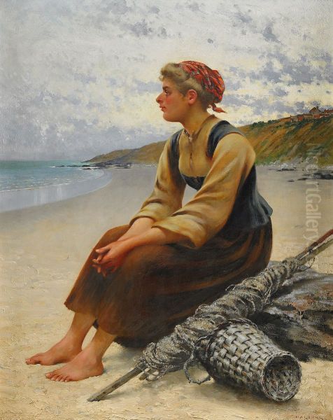Ostronplockerska pa stranden Oil Painting by August Hagborg