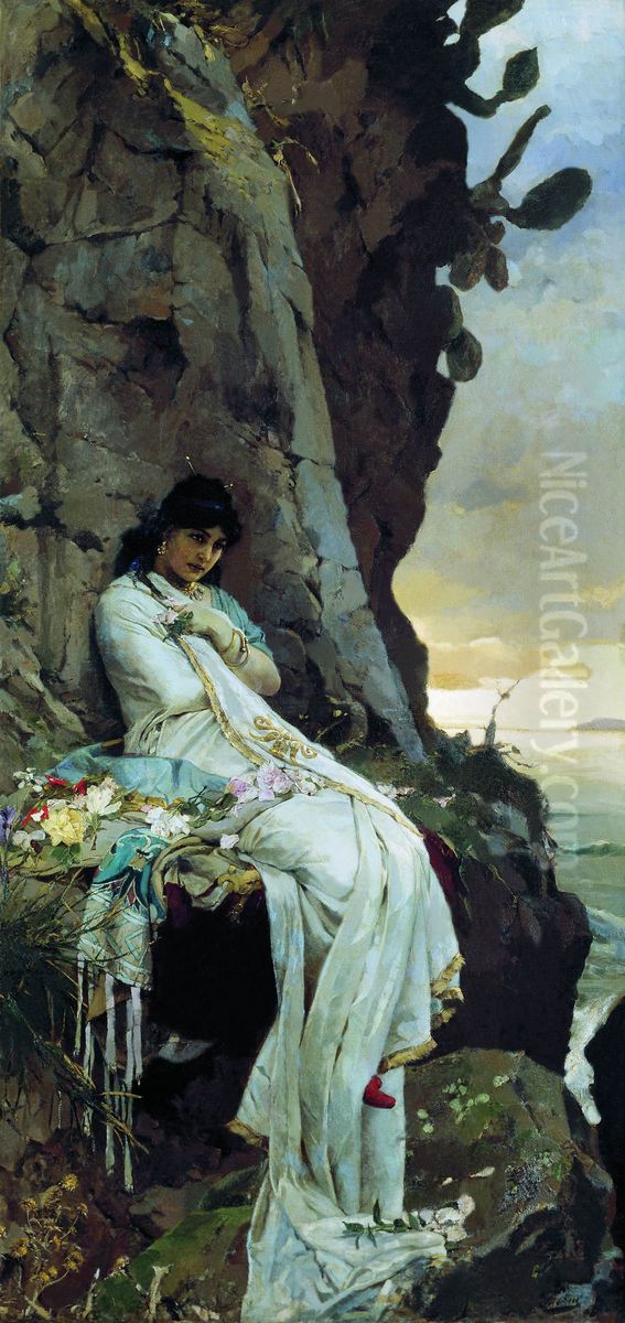 Julia, daughter of Augustus, in exile at Ventotene. Oil Painting by Pavel Svedomsky