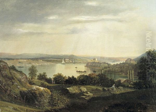 Utsikt fran Kungsholmen mot Langholmen och Sodermalm. Oil Painting by Carl Petter Hallberg