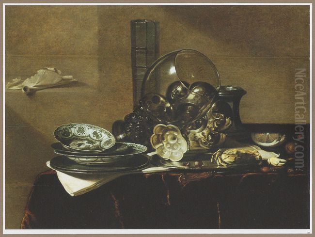 Still life with a roemer, a beer glass, a silver tazza on its side, a salt cellar and porcelain Oil Painting by Jan Treck
