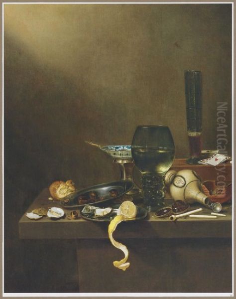 Stilleven met glaswerk, omgevallen steengoed kruik, zoutvat en andere voorwerpen op een houten blad Oil Painting by Jan Jansz van de Velde