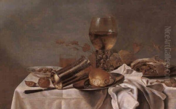 Still life with roemer and pie on a draped table Oil Painting by Paulus van den Bosch