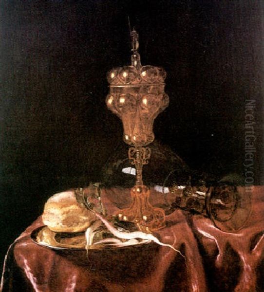 Still life with roemer and columbine cup with a bread roll Oil Painting by Paulus van den Bosch