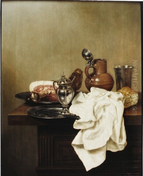 Still life with a ham, an earthenware jug and a silver cup Oil Painting by Gerret Willemsz Heda