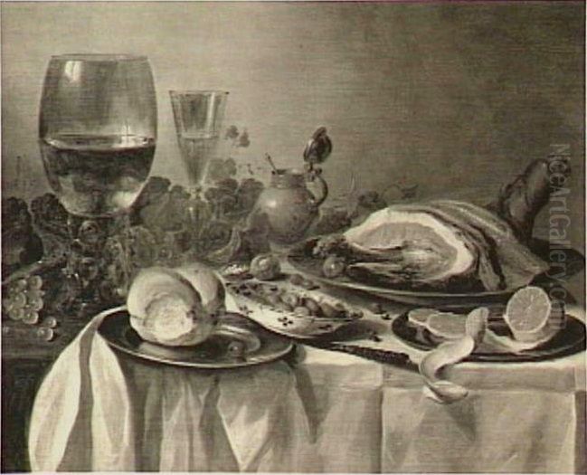 Still life with ham, glasses and mustard pot Oil Painting by Pieter Claesz