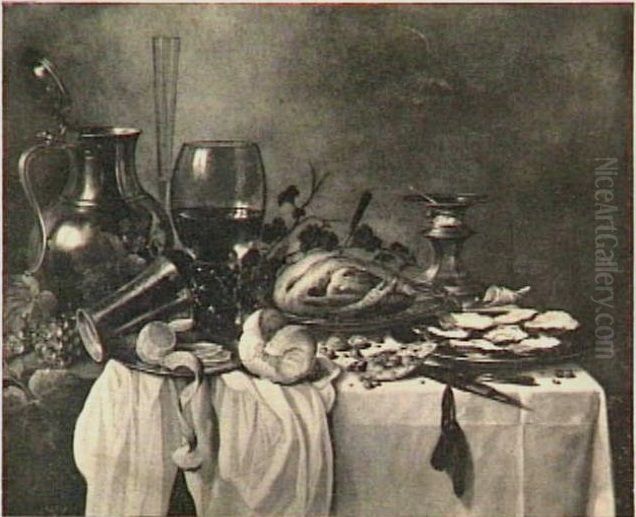 Stilleven met gebraden kip, schaal met oesters, zoutvat en grote roemer op een donker kleed met wit servet Oil Painting by Pieter Claesz Stilleven met gebraden kip, schaal met oesters, zoutvat en grote roemer op een donker kleed met wit servet Oil Painting by Pieter Claesz