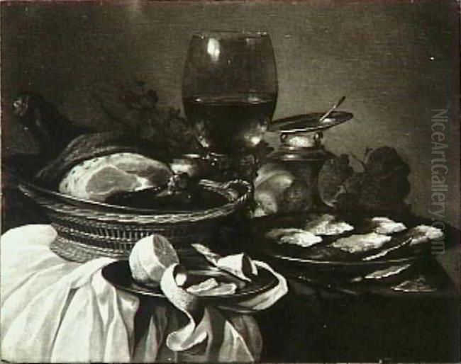 Stilleven met oesters, ham, geschilde citroen, zoutvat, roemer en tenen mandje Oil Painting by Pieter Claesz