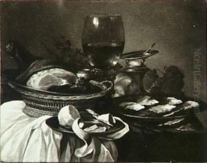 Stilleven met oesters, ham, geschilde citroen, zoutvat, roemer en tenen mandje