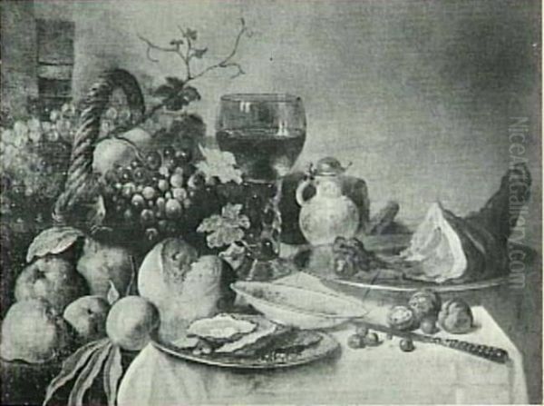 Still life with fruit, oysters, ham and bread Oil Painting by Pieter Claesz