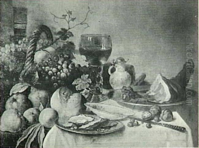 Stilleven met fruit, oesters, ham, brood glazen en voorwerpen van aardewerk Oil Painting by Pieter Claesz