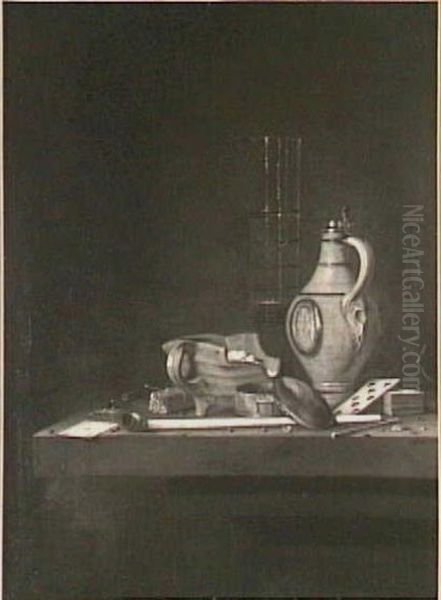 Stilleven met rookattributen, kaartspel en drinkgerei Oil Painting by Evert Collier