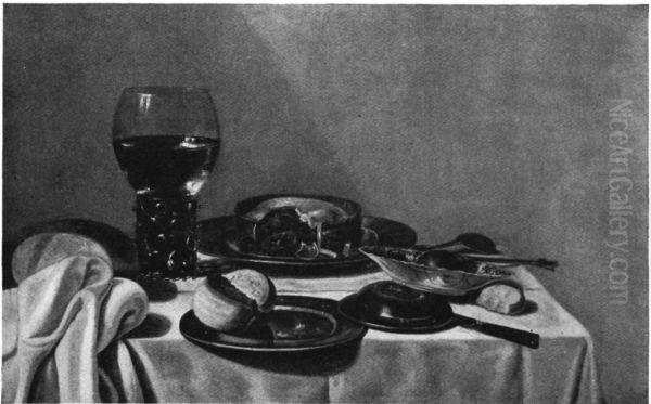 Still life with roemer and pie on a draped table Oil Painting by Pieter Claesz