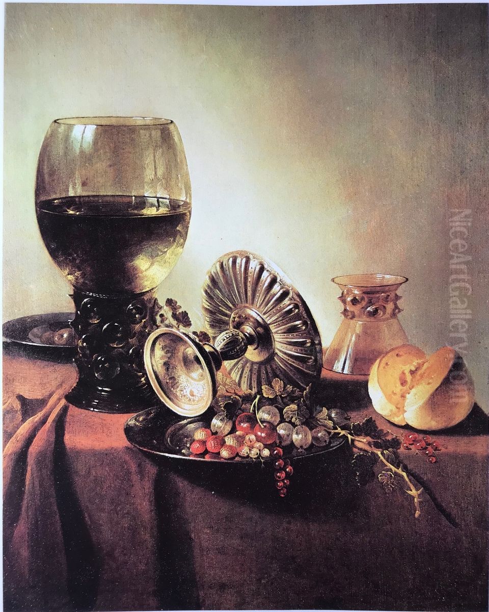 Still life with roemer and fallen tazza with inverted berkemeyer on a table Oil Painting by Pieter Claesz