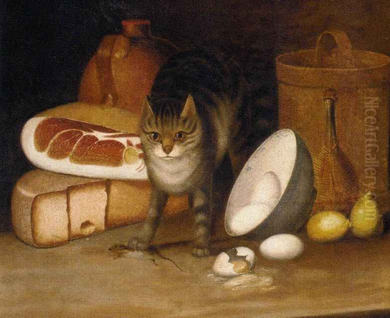 Ham, cheese, eggs, lemons and a cat with a captured mouse Oil Painting by George Smith