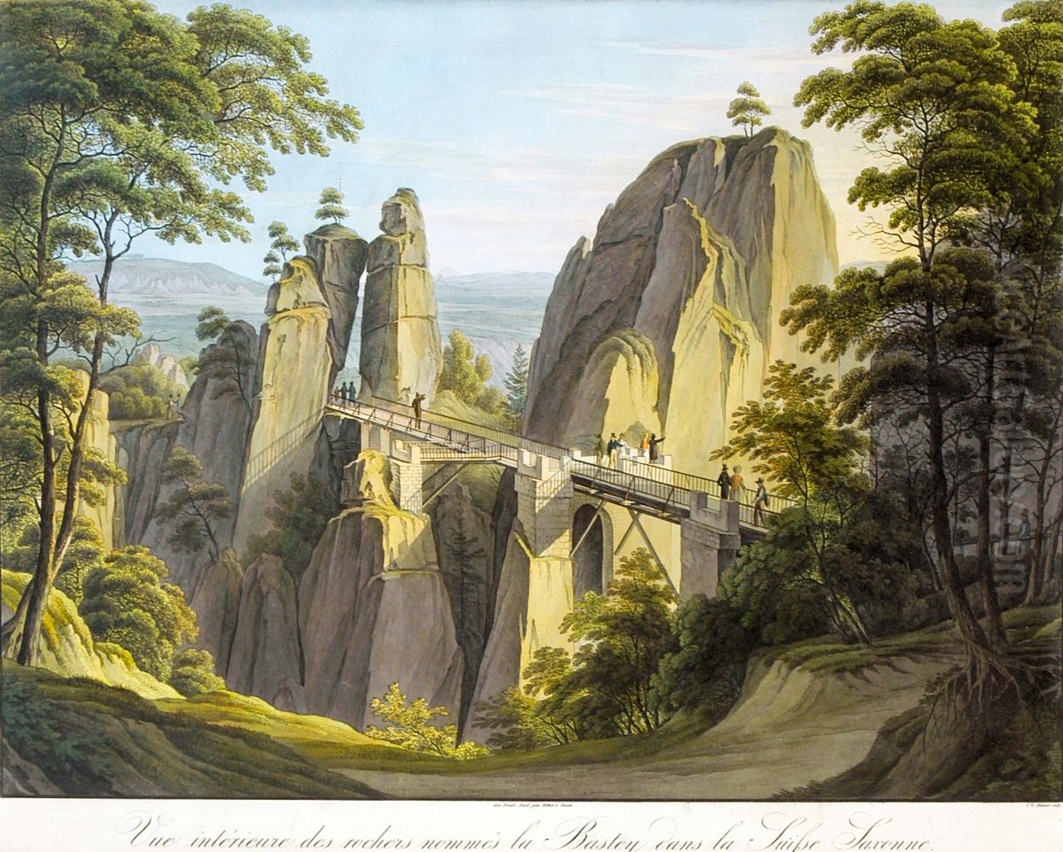 The new wooden bridge in 1826. Oil Painting by Christian Gottlob Hammer