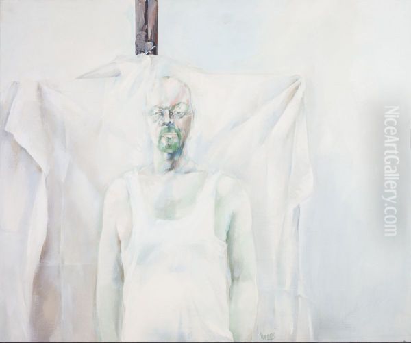 Selbstbildnis vor verhangener Staffelei Oil Painting by Peter Hoppe